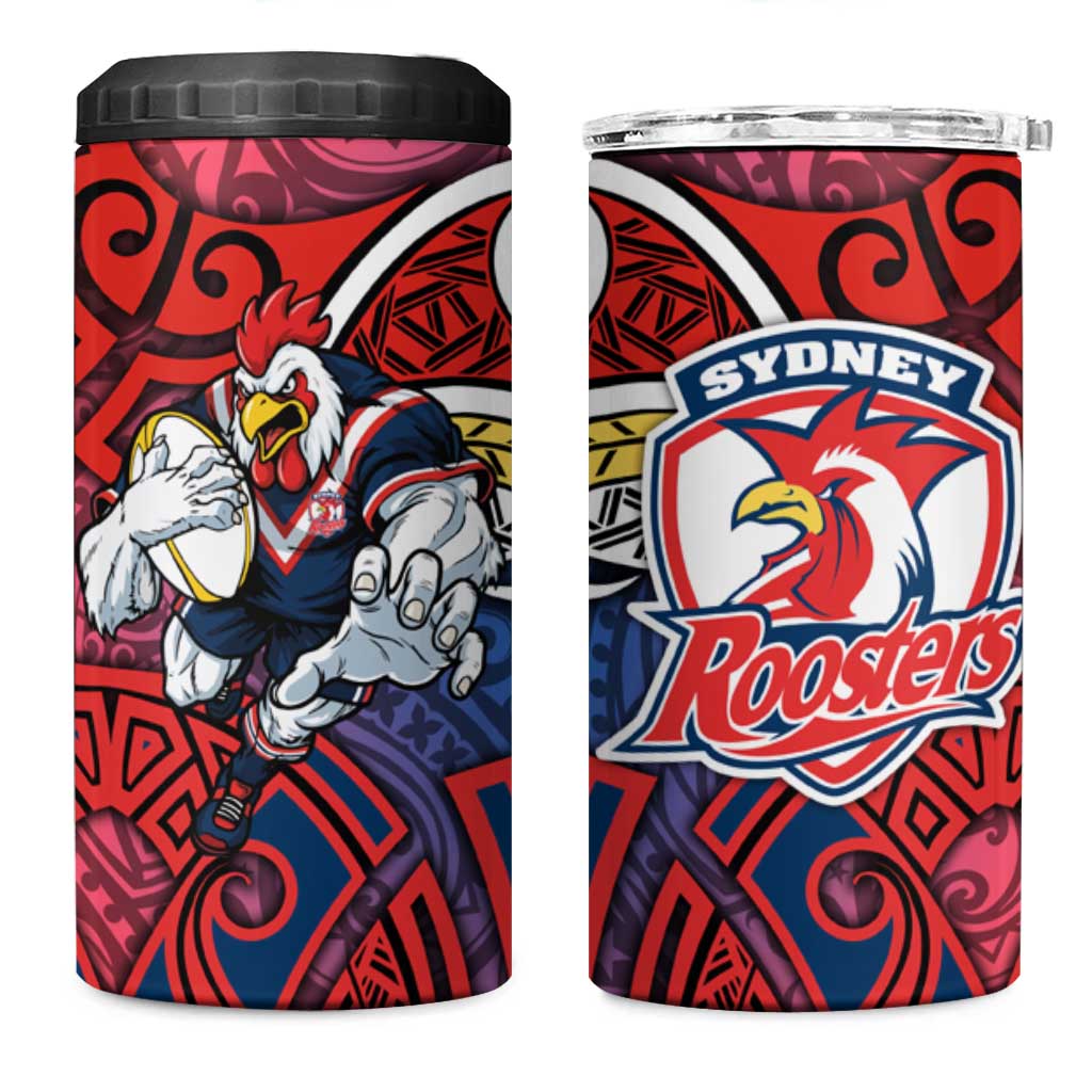 Sydney Roosters Rugby 4 in 1 Can Cooler Tumbler Polynesian Tribal Rooster Warrior Red Blue Pattern