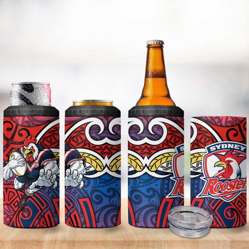 Sydney Roosters Rugby 4 in 1 Can Cooler Tumbler Polynesian Tribal Rooster Warrior Red Blue Pattern