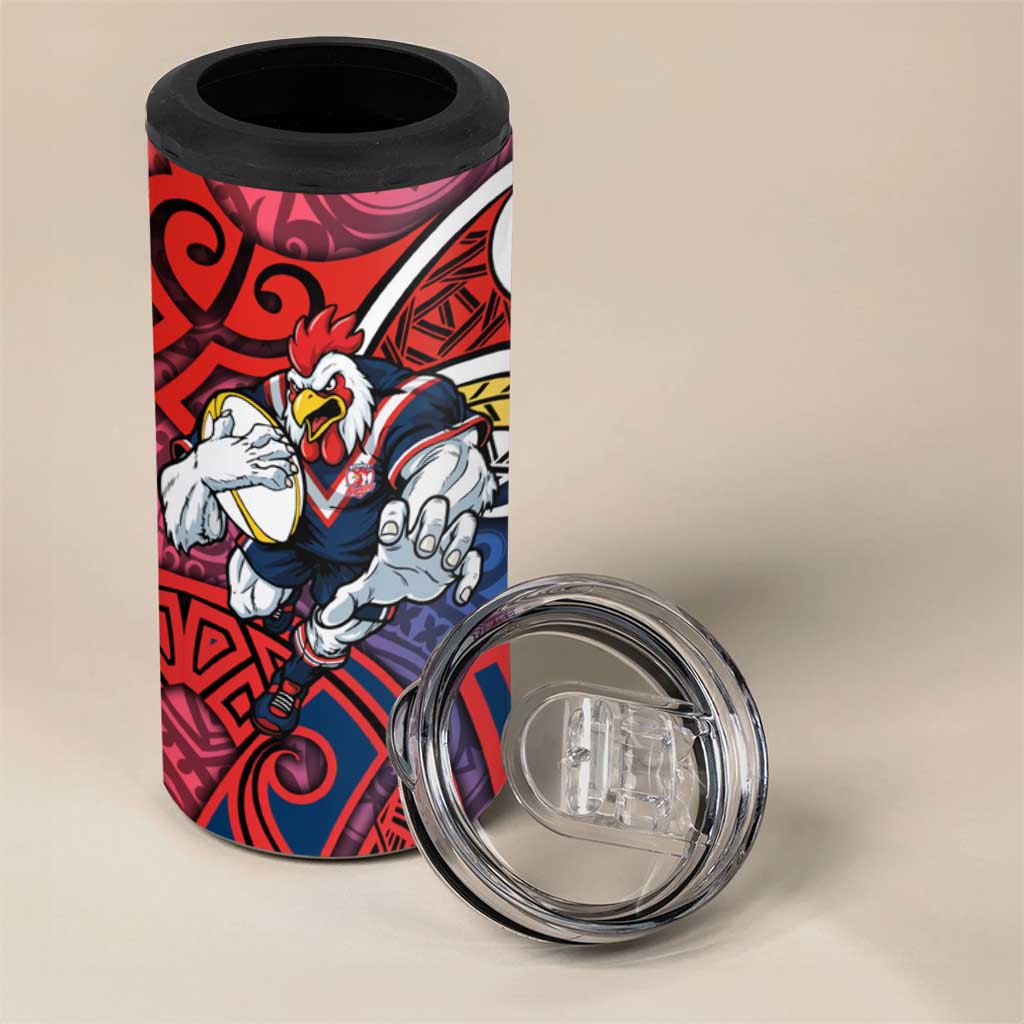 Sydney Roosters Rugby 4 in 1 Can Cooler Tumbler Polynesian Tribal Rooster Warrior Red Blue Pattern