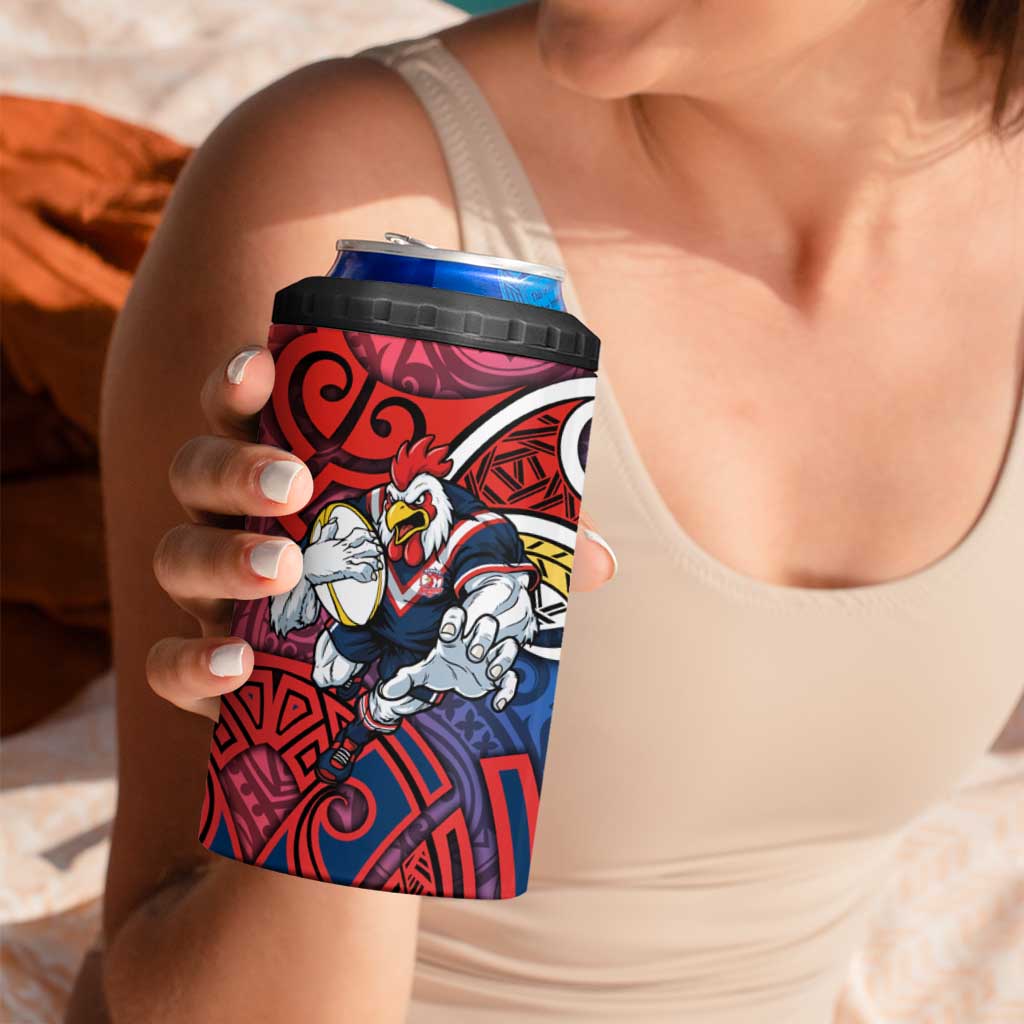 Sydney Roosters Rugby 4 in 1 Can Cooler Tumbler Polynesian Tribal Rooster Warrior Red Blue Pattern