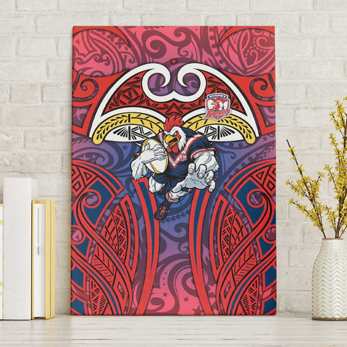 Sydney Roosters Rugby Canvas Wall Art Polynesian Tribal Rooster Warrior Red Blue Pattern