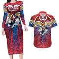 Sydney Roosters Rugby Couples Matching Long Sleeve Bodycon Dress and Hawaiian Shirt Polynesian Tribal Rooster Warrior Red Blue Pattern