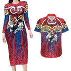 Sydney Roosters Rugby Couples Matching Long Sleeve Bodycon Dress and Hawaiian Shirt Polynesian Tribal Rooster Warrior Red Blue Pattern