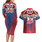 Sydney Roosters Rugby Couples Matching Long Sleeve Bodycon Dress and Hawaiian Shirt Polynesian Tribal Rooster Warrior Red Blue Pattern