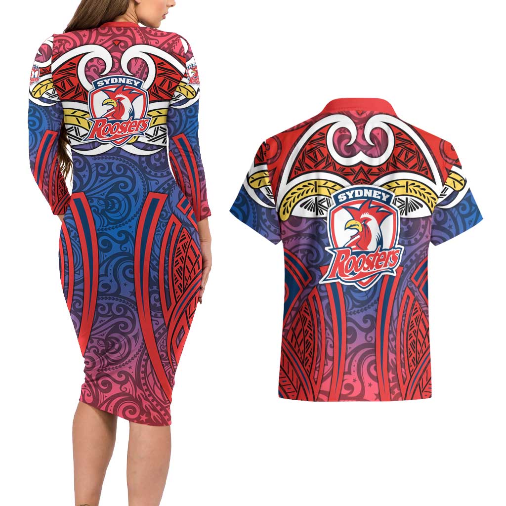 Sydney Roosters Rugby Couples Matching Long Sleeve Bodycon Dress and Hawaiian Shirt Polynesian Tribal Rooster Warrior Red Blue Pattern