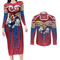 Sydney Roosters Rugby Couples Matching Long Sleeve Bodycon Dress and Long Sleeve Button Shirt Polynesian Tribal Rooster Warrior Red Blue Pattern
