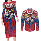 Sydney Roosters Rugby Couples Matching Long Sleeve Bodycon Dress and Long Sleeve Button Shirt Polynesian Tribal Rooster Warrior Red Blue Pattern