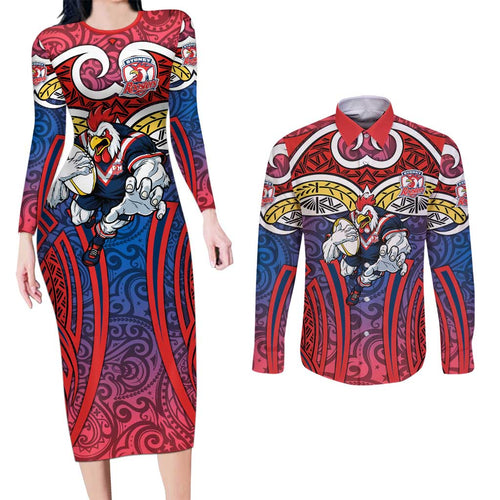 Sydney Roosters Rugby Couples Matching Long Sleeve Bodycon Dress and Long Sleeve Button Shirt Polynesian Tribal Rooster Warrior Red Blue Pattern