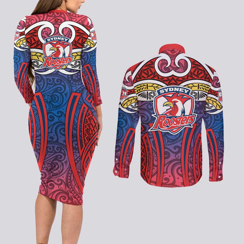 Sydney Roosters Rugby Couples Matching Long Sleeve Bodycon Dress and Long Sleeve Button Shirt Polynesian Tribal Rooster Warrior Red Blue Pattern
