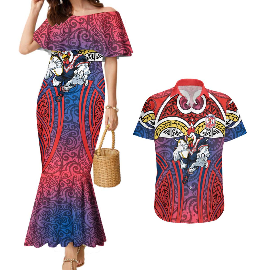 Sydney Roosters Rugby Couples Matching Mermaid Dress and Hawaiian Shirt Polynesian Tribal Rooster Warrior Red Blue Pattern
