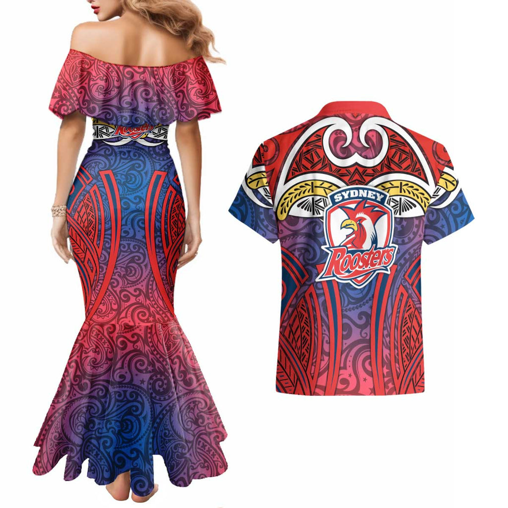 Sydney Roosters Rugby Couples Matching Mermaid Dress and Hawaiian Shirt Polynesian Tribal Rooster Warrior Red Blue Pattern