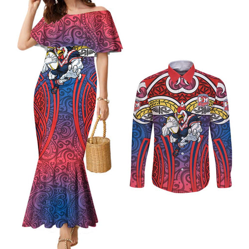 Sydney Roosters Rugby Couples Matching Mermaid Dress and Long Sleeve Button Shirt Polynesian Tribal Rooster Warrior Red Blue Pattern