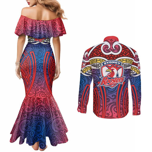 Sydney Roosters Rugby Couples Matching Mermaid Dress and Long Sleeve Button Shirt Polynesian Tribal Rooster Warrior Red Blue Pattern