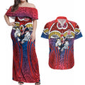 Sydney Roosters Rugby Couples Matching Off Shoulder Maxi Dress and Hawaiian Shirt Polynesian Tribal Rooster Warrior Red Blue Pattern