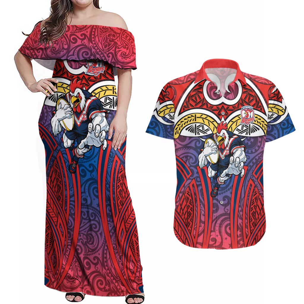 Sydney Roosters Rugby Couples Matching Off Shoulder Maxi Dress and Hawaiian Shirt Polynesian Tribal Rooster Warrior Red Blue Pattern