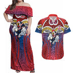 Sydney Roosters Rugby Couples Matching Off Shoulder Maxi Dress and Hawaiian Shirt Polynesian Tribal Rooster Warrior Red Blue Pattern