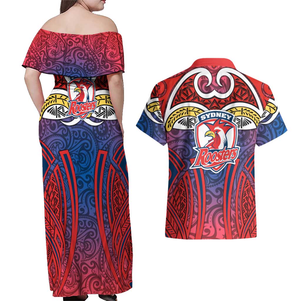 Sydney Roosters Rugby Couples Matching Off Shoulder Maxi Dress and Hawaiian Shirt Polynesian Tribal Rooster Warrior Red Blue Pattern