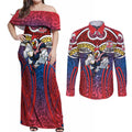 Sydney Roosters Rugby Couples Matching Off Shoulder Maxi Dress and Long Sleeve Button Shirt Polynesian Tribal Rooster Warrior Red Blue Pattern