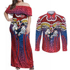 Sydney Roosters Rugby Couples Matching Off Shoulder Maxi Dress and Long Sleeve Button Shirt Polynesian Tribal Rooster Warrior Red Blue Pattern