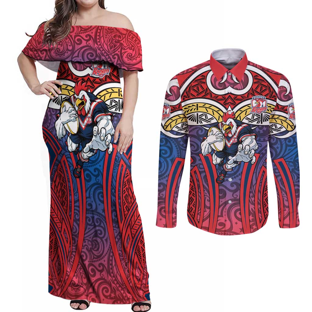 Sydney Roosters Rugby Couples Matching Off Shoulder Maxi Dress and Long Sleeve Button Shirt Polynesian Tribal Rooster Warrior Red Blue Pattern