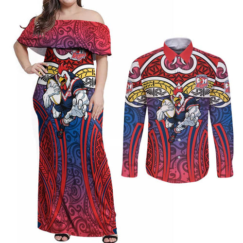 Sydney Roosters Rugby Couples Matching Off Shoulder Maxi Dress and Long Sleeve Button Shirt Polynesian Tribal Rooster Warrior Red Blue Pattern