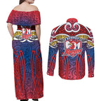 Sydney Roosters Rugby Couples Matching Off Shoulder Maxi Dress and Long Sleeve Button Shirt Polynesian Tribal Rooster Warrior Red Blue Pattern