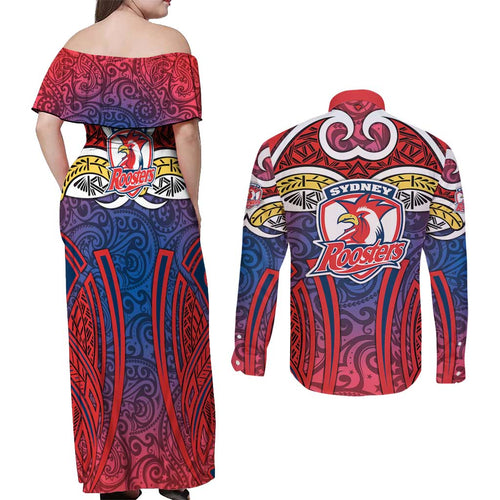 Sydney Roosters Rugby Couples Matching Off Shoulder Maxi Dress and Long Sleeve Button Shirt Polynesian Tribal Rooster Warrior Red Blue Pattern