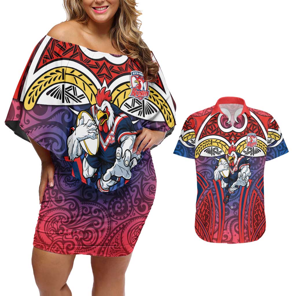 Sydney Roosters Rugby Couples Matching Off Shoulder Short Dress and Hawaiian Shirt Polynesian Tribal Rooster Warrior Red Blue Pattern