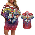 Sydney Roosters Rugby Couples Matching Off Shoulder Short Dress and Hawaiian Shirt Polynesian Tribal Rooster Warrior Red Blue Pattern