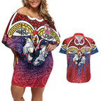 Sydney Roosters Rugby Couples Matching Off Shoulder Short Dress and Hawaiian Shirt Polynesian Tribal Rooster Warrior Red Blue Pattern