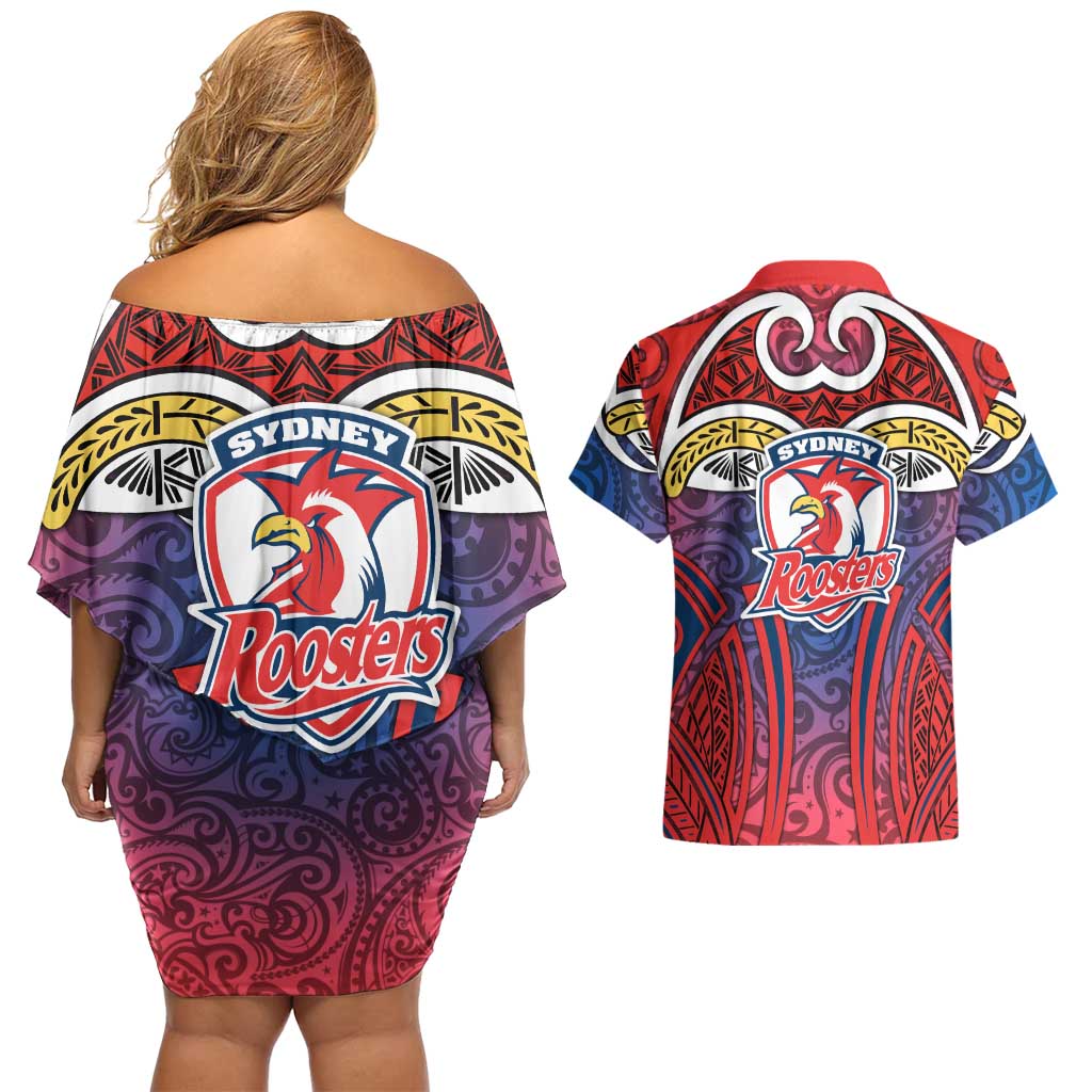 Sydney Roosters Rugby Couples Matching Off Shoulder Short Dress and Hawaiian Shirt Polynesian Tribal Rooster Warrior Red Blue Pattern