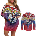 Sydney Roosters Rugby Couples Matching Off Shoulder Short Dress and Long Sleeve Button Shirt Polynesian Tribal Rooster Warrior Red Blue Pattern