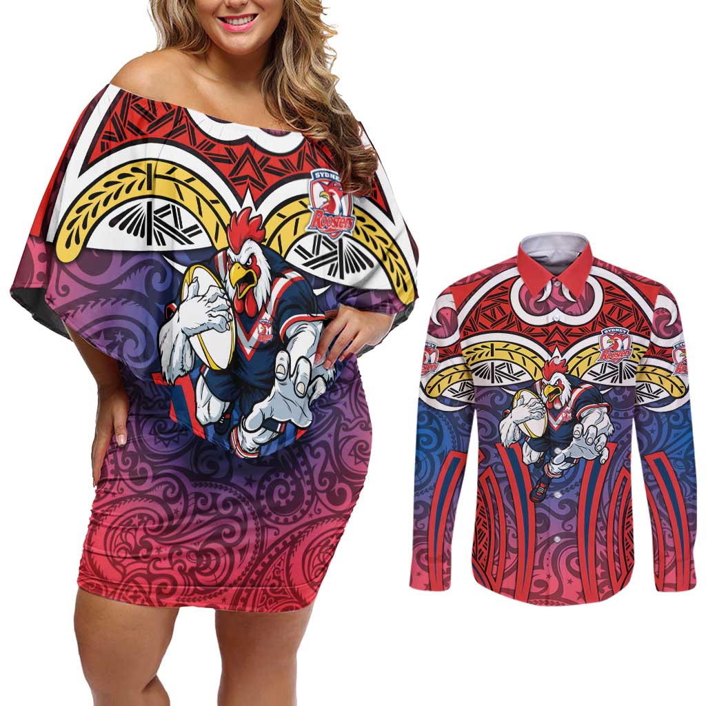 Sydney Roosters Rugby Couples Matching Off Shoulder Short Dress and Long Sleeve Button Shirt Polynesian Tribal Rooster Warrior Red Blue Pattern