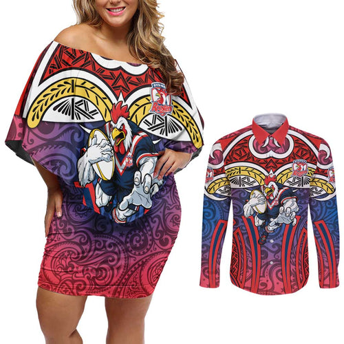 Sydney Roosters Rugby Couples Matching Off Shoulder Short Dress and Long Sleeve Button Shirt Polynesian Tribal Rooster Warrior Red Blue Pattern
