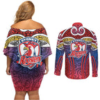 Sydney Roosters Rugby Couples Matching Off Shoulder Short Dress and Long Sleeve Button Shirt Polynesian Tribal Rooster Warrior Red Blue Pattern