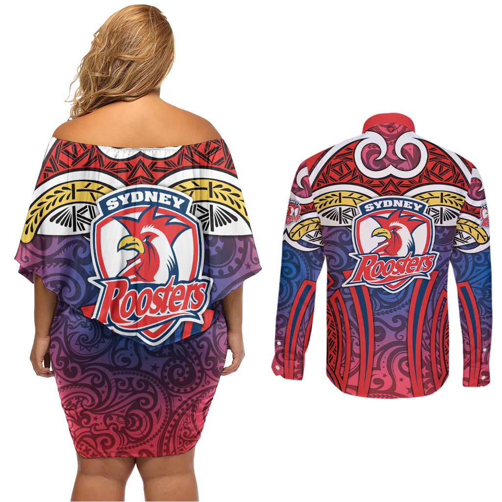 Sydney Roosters Rugby Couples Matching Off Shoulder Short Dress and Long Sleeve Button Shirt Polynesian Tribal Rooster Warrior Red Blue Pattern