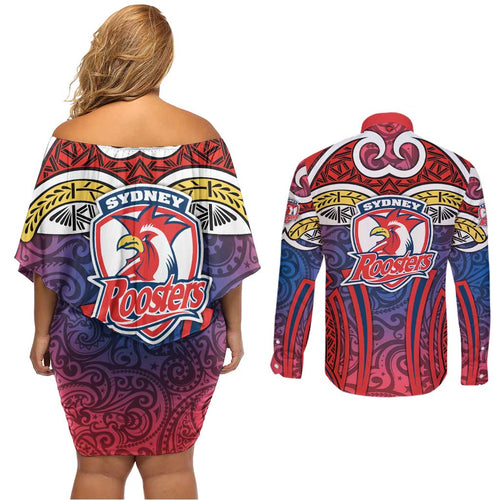 Sydney Roosters Rugby Couples Matching Off Shoulder Short Dress and Long Sleeve Button Shirt Polynesian Tribal Rooster Warrior Red Blue Pattern