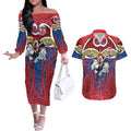 Sydney Roosters Rugby Couples Matching Off The Shoulder Long Sleeve Dress and Hawaiian Shirt Polynesian Tribal Rooster Warrior Red Blue Pattern