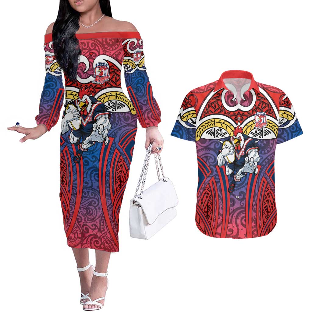 Sydney Roosters Rugby Couples Matching Off The Shoulder Long Sleeve Dress and Hawaiian Shirt Polynesian Tribal Rooster Warrior Red Blue Pattern