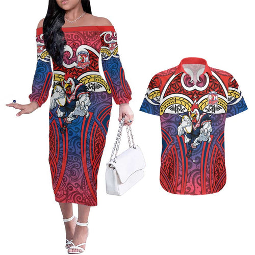 Sydney Roosters Rugby Couples Matching Off The Shoulder Long Sleeve Dress and Hawaiian Shirt Polynesian Tribal Rooster Warrior Red Blue Pattern