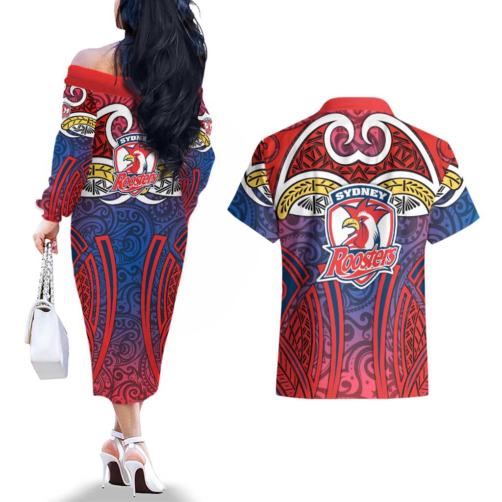Sydney Roosters Rugby Couples Matching Off The Shoulder Long Sleeve Dress and Hawaiian Shirt Polynesian Tribal Rooster Warrior Red Blue Pattern