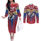 Sydney Roosters Rugby Couples Matching Off The Shoulder Long Sleeve Dress and Long Sleeve Button Shirt Polynesian Tribal Rooster Warrior Red Blue Pattern