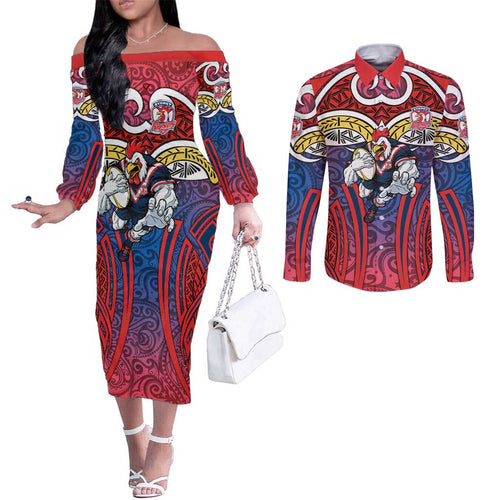 Sydney Roosters Rugby Couples Matching Off The Shoulder Long Sleeve Dress and Long Sleeve Button Shirt Polynesian Tribal Rooster Warrior Red Blue Pattern