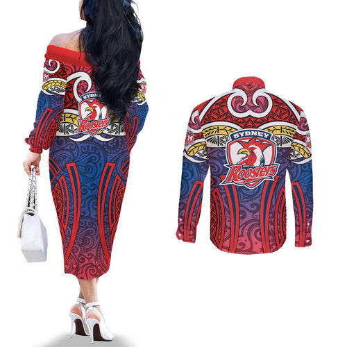 Sydney Roosters Rugby Couples Matching Off The Shoulder Long Sleeve Dress and Long Sleeve Button Shirt Polynesian Tribal Rooster Warrior Red Blue Pattern