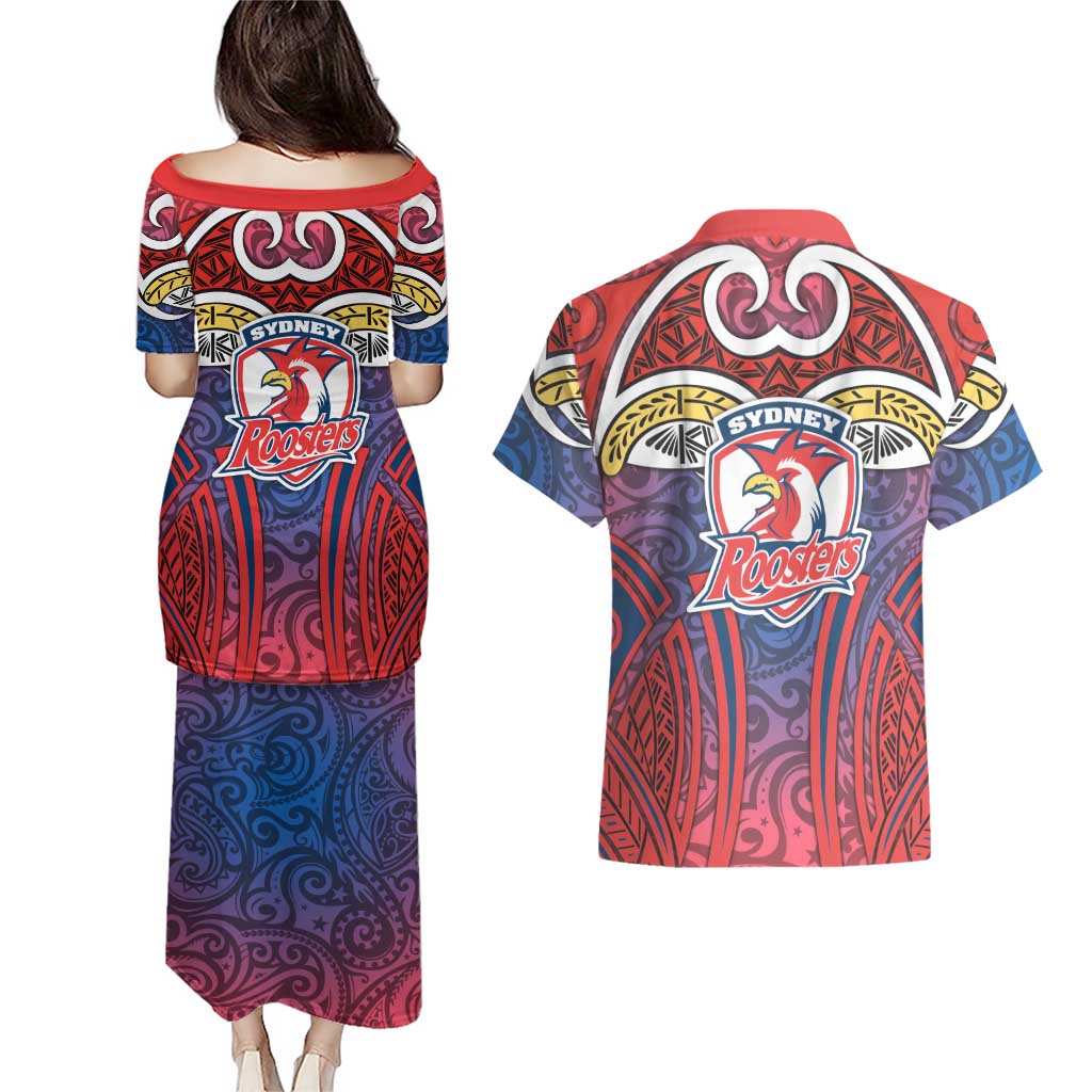 Sydney Roosters Rugby Couples Matching Puletasi and Hawaiian Shirt Polynesian Tribal Rooster Warrior Red Blue Pattern