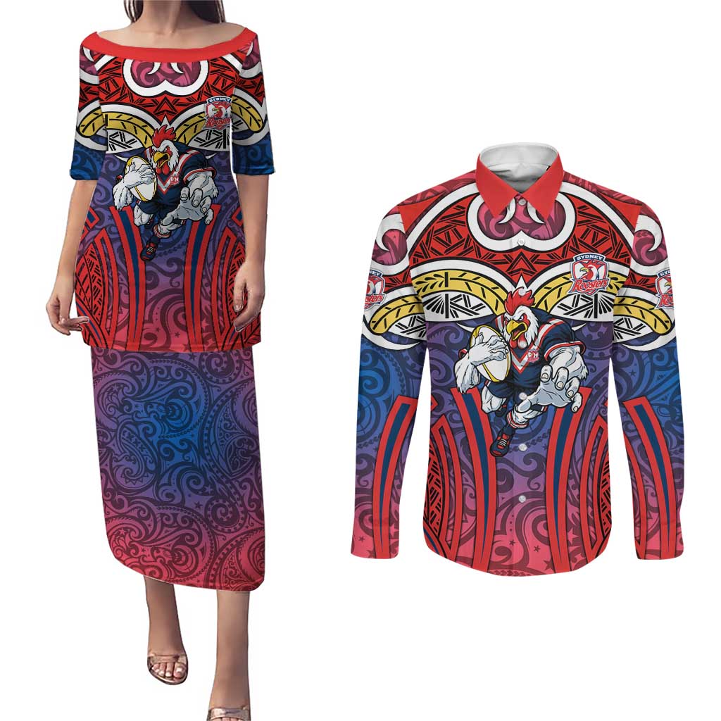 Sydney Roosters Rugby Couples Matching Puletasi and Long Sleeve Button Shirt Polynesian Tribal Rooster Warrior Red Blue Pattern