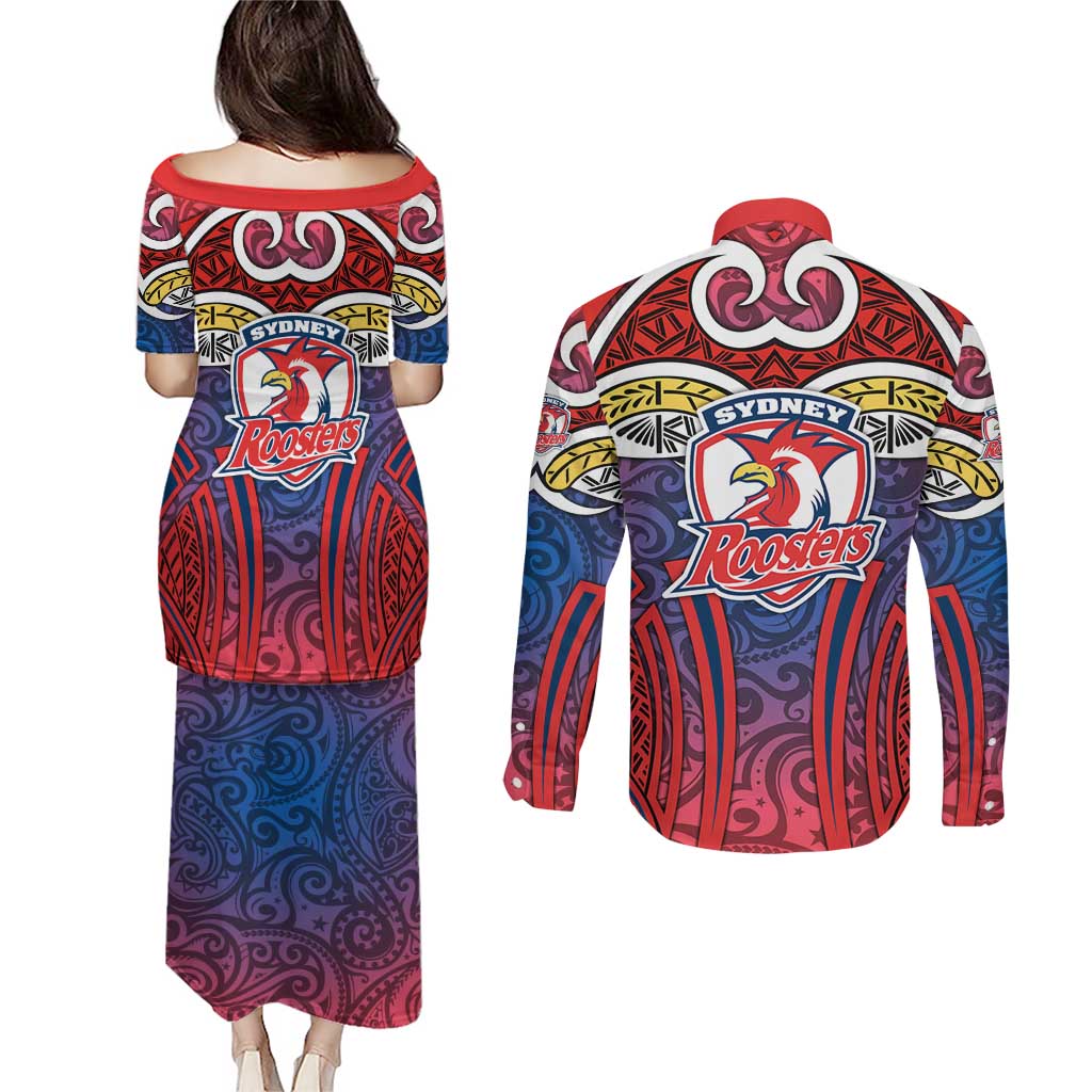Sydney Roosters Rugby Couples Matching Puletasi and Long Sleeve Button Shirt Polynesian Tribal Rooster Warrior Red Blue Pattern