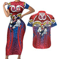Sydney Roosters Rugby Couples Matching Short Sleeve Bodycon Dress and Hawaiian Shirt Polynesian Tribal Rooster Warrior Red Blue Pattern