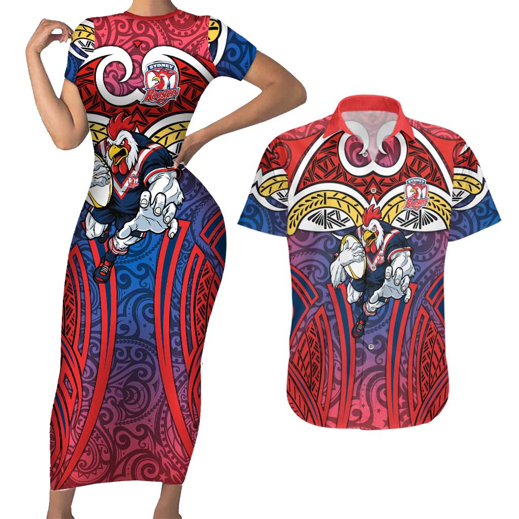 Sydney Roosters Rugby Couples Matching Short Sleeve Bodycon Dress and Hawaiian Shirt Polynesian Tribal Rooster Warrior Red Blue Pattern