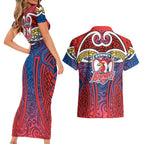 Sydney Roosters Rugby Couples Matching Short Sleeve Bodycon Dress and Hawaiian Shirt Polynesian Tribal Rooster Warrior Red Blue Pattern
